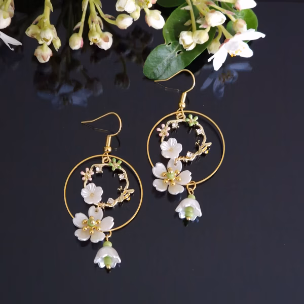 Enamel Bumble Bee Flower Golden Rhinestones Lily of the Valley Water Lily Dangle Drop Silver Stainless Sterling Hooks - Image 2