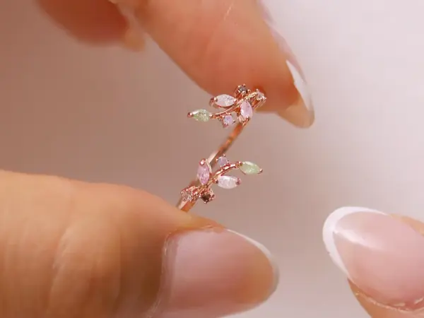 Pastel laurel ring peridot rose quartz leaves leaf adjustable vine ring 18k gold plated Rhodium plated 18k rose gold plated - Image 3