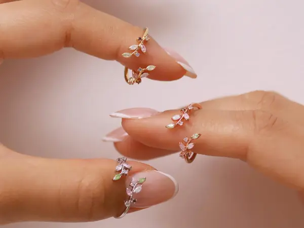 Pastel laurel ring peridot rose quartz leaves leaf adjustable vine ring 18k gold plated Rhodium plated 18k rose gold plated - Image 2
